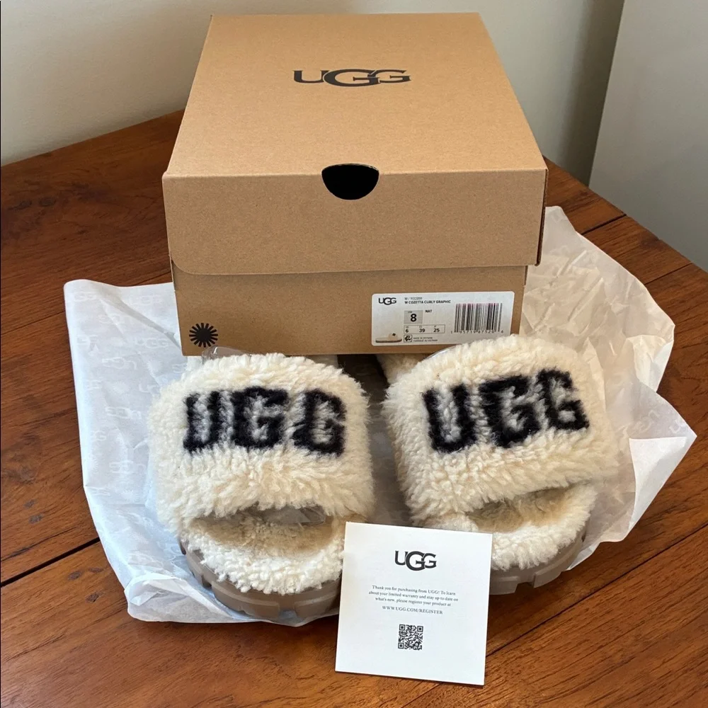 UGG Women’s Cream Shearling Slide Slippers with Black Logo